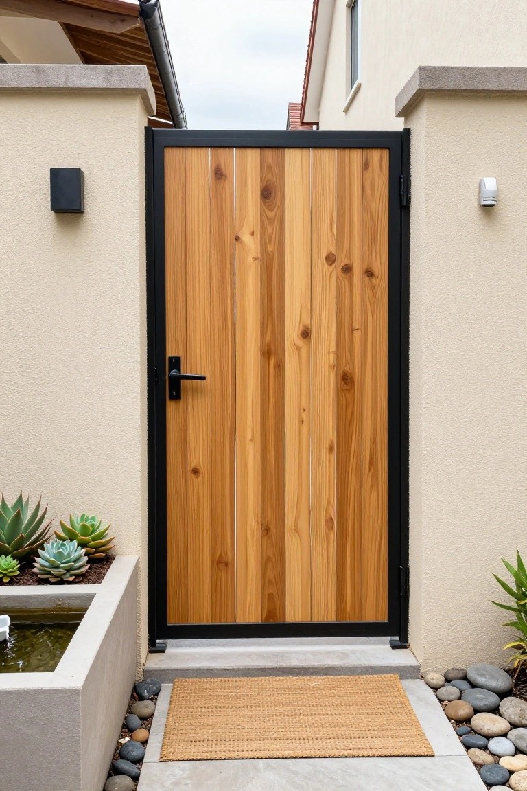 A wooden gate with vertical planks in a black metal frame, set between beige walls with a woven mat in front.