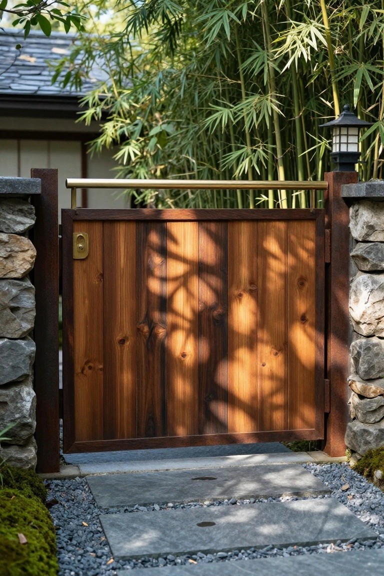 A wooden gate with vertical planks between stone pillars, a brass bar across the top, and a stone path leading through it with bamboo behind.
