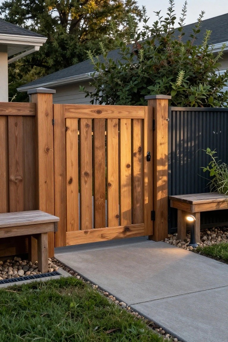 A wooden gate with vertical slats is set between two posts along a concrete walkway, with benches on either side and a dark fence visible to the right.