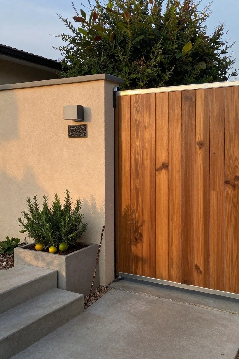 A vertical wood plank gate with a metal frame next to a stucco wall, concrete steps, and a concrete planter.