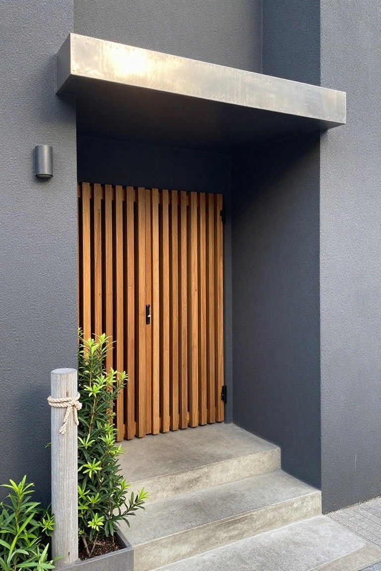 A contemporary house entrance features a gate made of vertical wooden slats, concrete steps, a metal canopy overhead, and a small plant beside a wooden post.
