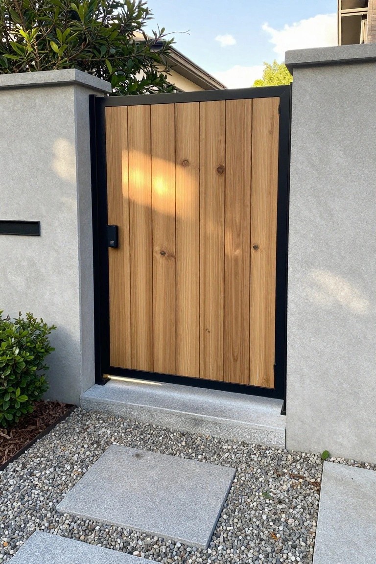 A vertical wood plank gate with a black metal frame stands between two gray concrete walls, with gravel and stone pavers visible in the foreground.