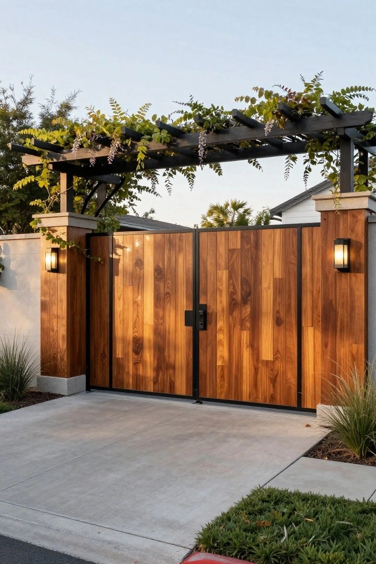 A modern double wooden gate with warm brown horizontal planks framed in black metal, set between wood and concrete pillars with wall sconces and a vine-covered pergola overhead.