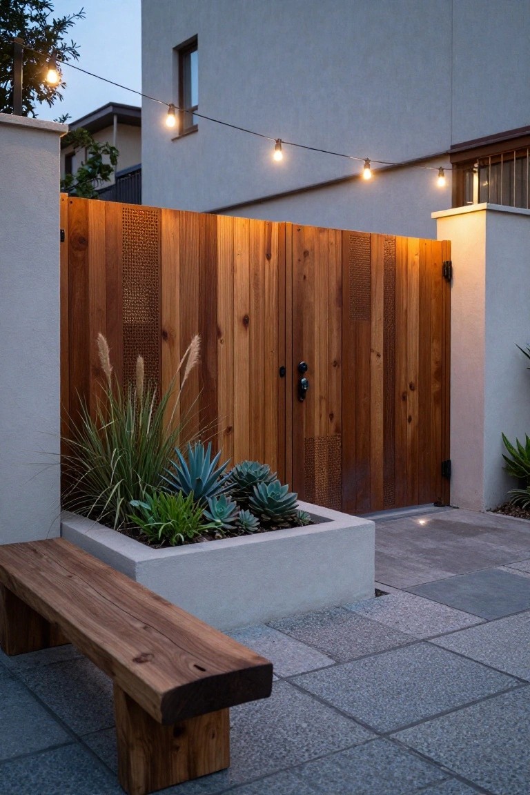 A modern wooden entrance gate with vertical planks and patterned panels stands beside a concrete planter filled with succulents and grasses, with a wooden bench in the foreground.