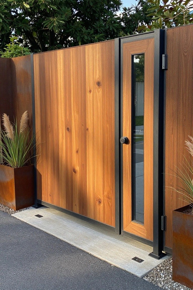 A modern wooden gate with vertical planks and a narrow pedestrian door set in a dark metal frame, with potted plants on either side.