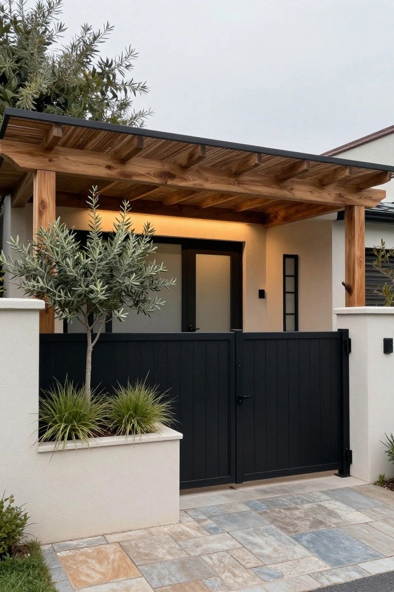Modern home entrance with black wooden gate, wooden pergola, olive tree, and stone path.