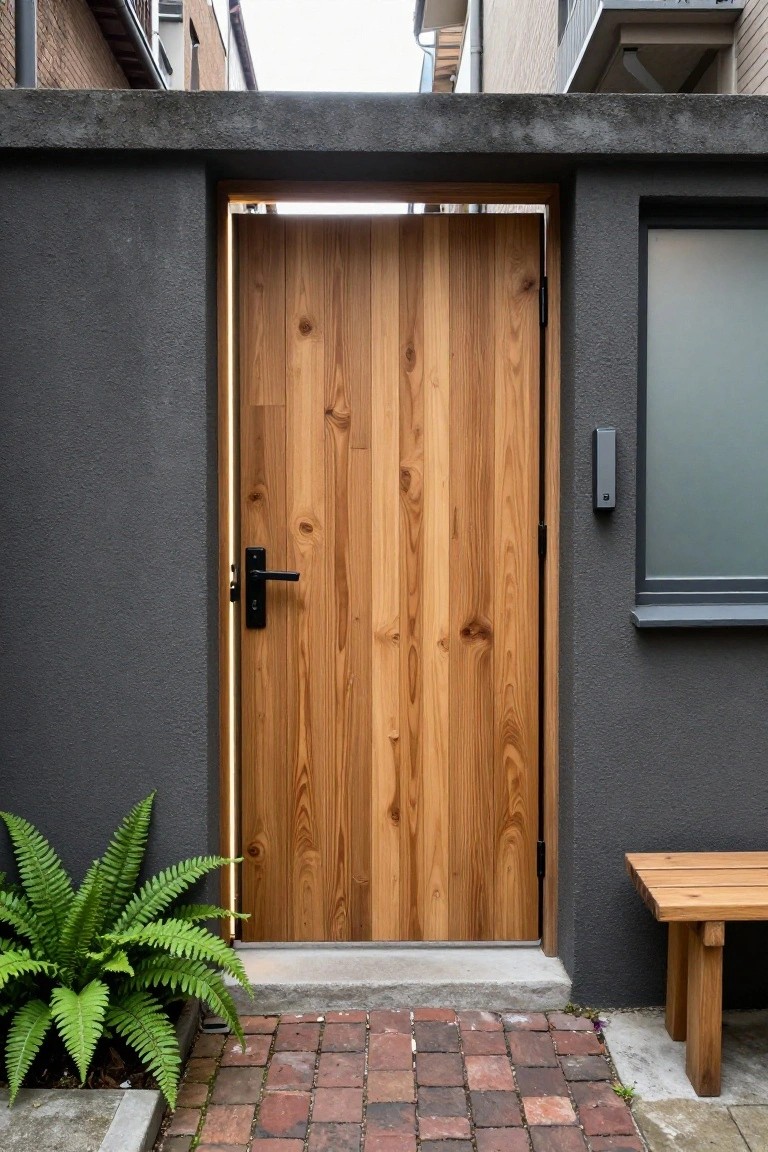 A tall wooden door with a vertical light strip along the left edge, set in a dark gray wall next to a small window and a fern.