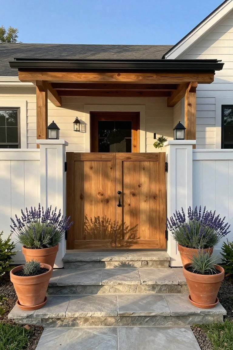 A wooden double gate with vertical planks stands centered under a timber porch overhang, with potted lavender plants on either side of stone steps leading to a house entrance.