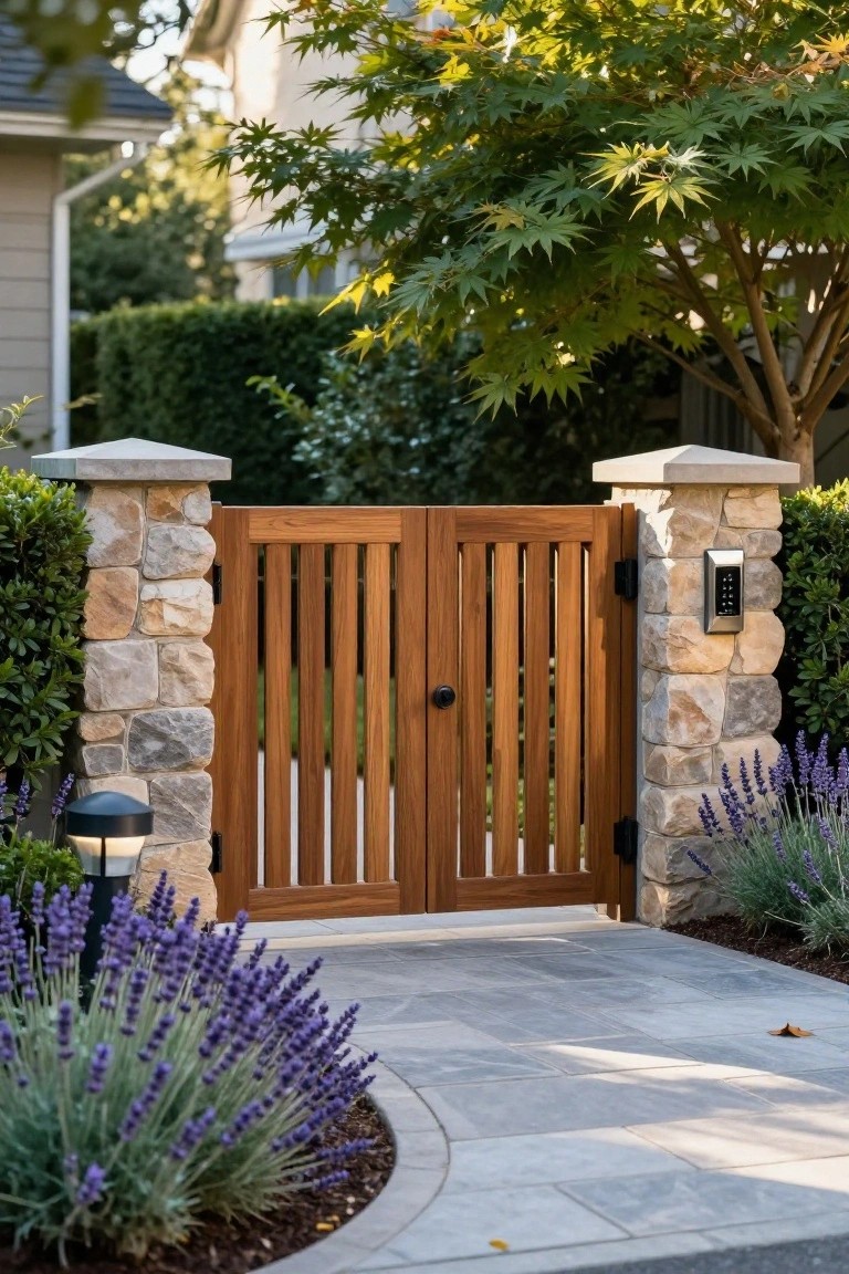 Wooden gate with vertical slats between stone pillars at a home entrance, flanked by lavender and a keypad on one pillar.
