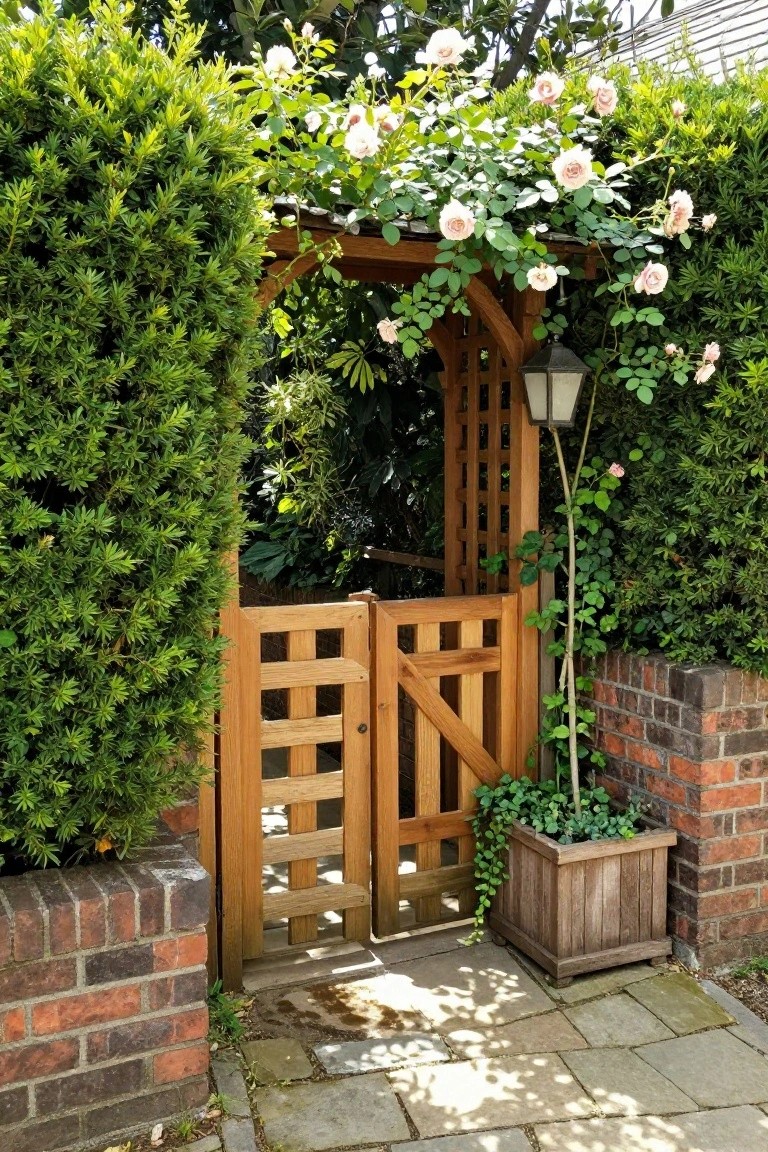 A wooden arched gate with lattice panels stands between brick walls, surrounded by green hedges and climbing pink roses.