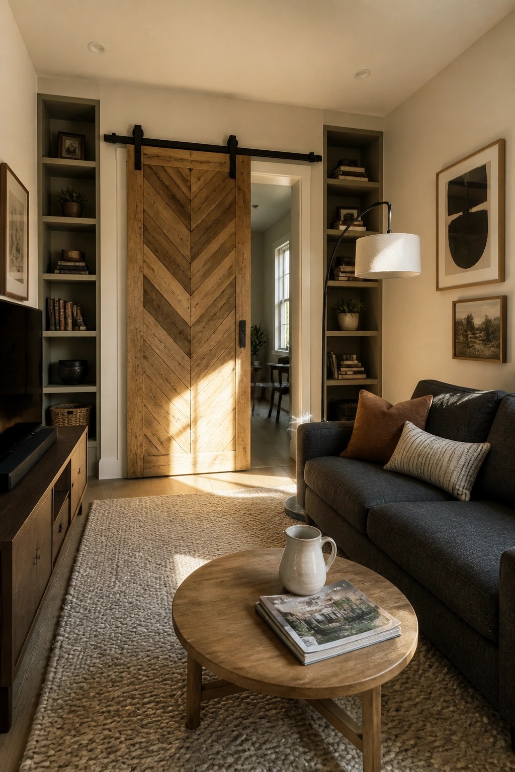 A living room featuring a wooden sliding barn door with a chevron pattern on a black track, positioned next to built-in shelves and a dark sofa with a round wooden coffee table in front.
