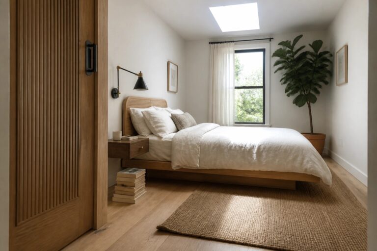 14 Creative Wooden Sliding Door Designs to Save Space Without Sacrificing Style Minimalist bedroom with wooden bed, fluted door, potted plant, woven rug, and skylight.