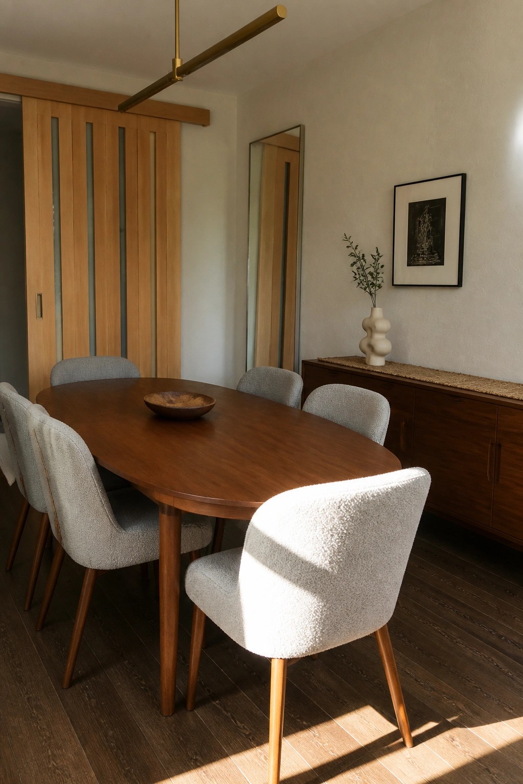 A modern dining room with an oval wood table, six upholstered chairs, and a vertical slatted wooden sliding door visible on the left.