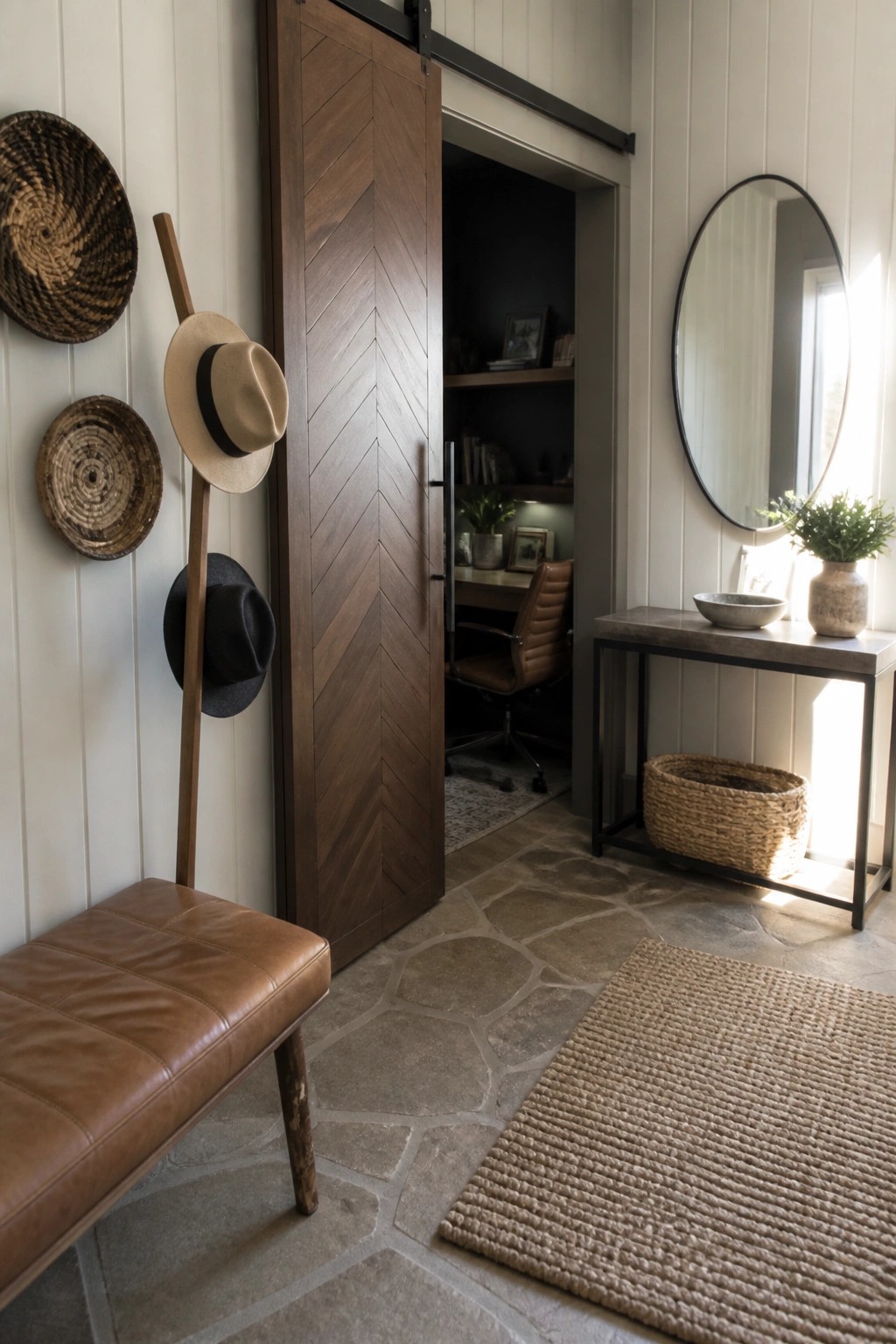 A dark wood sliding barn door with a chevron pattern stands open between a stone-floored hallway and a home office.