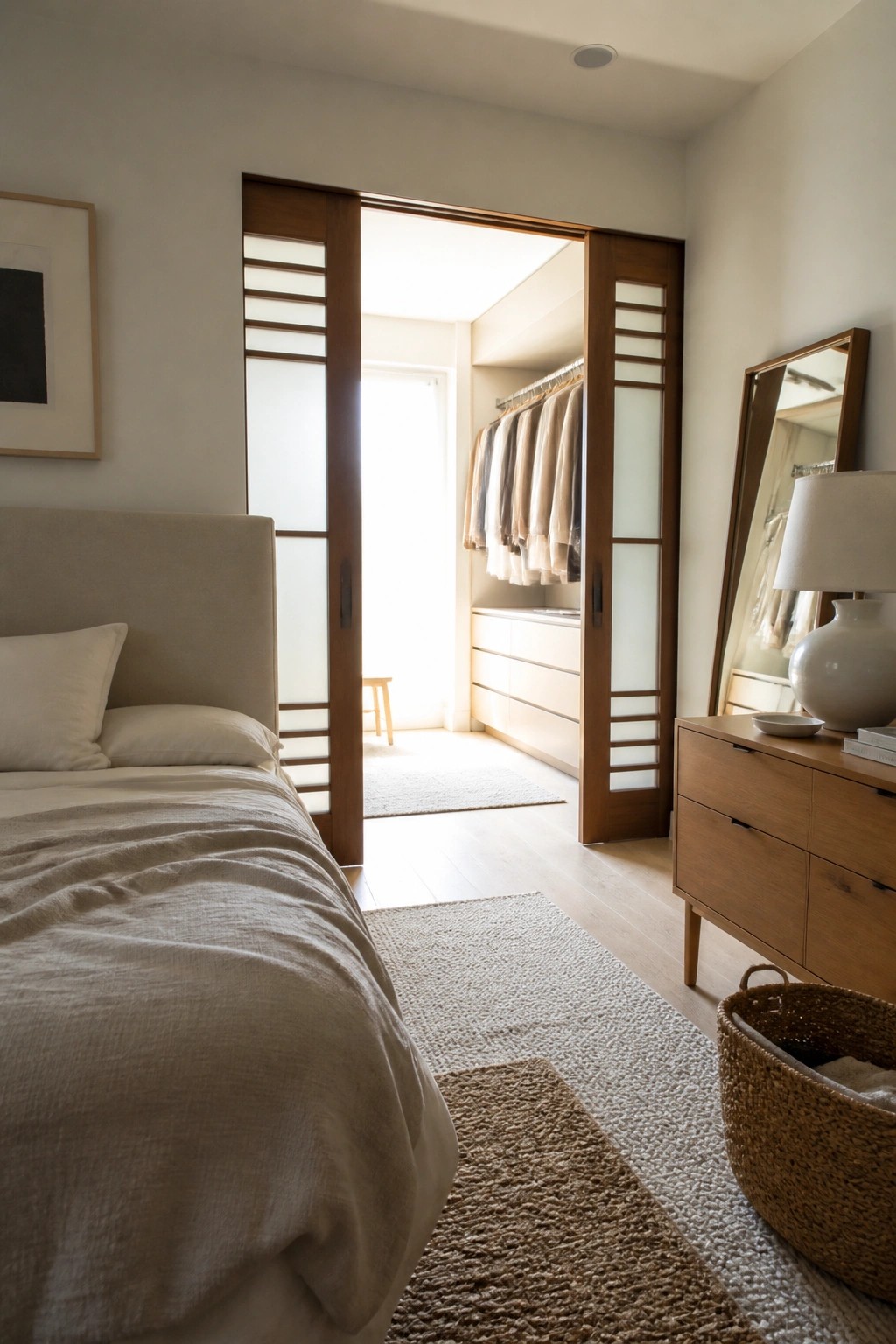 A bedroom view showing an open wooden sliding door with frosted glass panels that leads into a walk-in closet with hanging clothes and drawers.