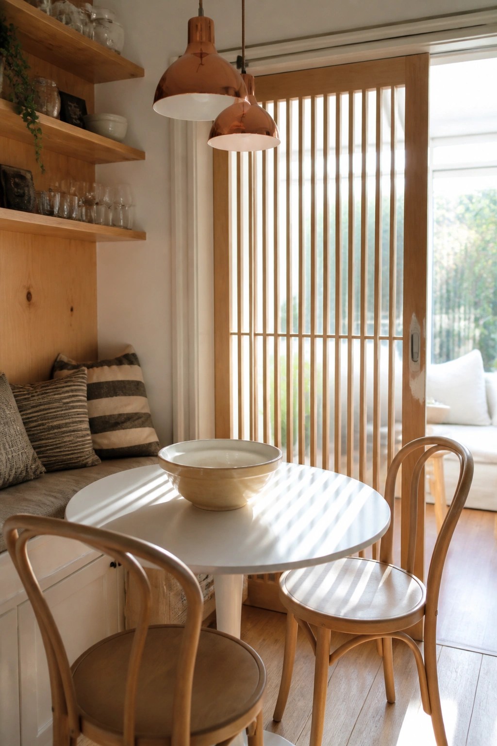 A round white dining table with bentwood chairs is positioned in front of a light wood sliding door featuring vertical slats.