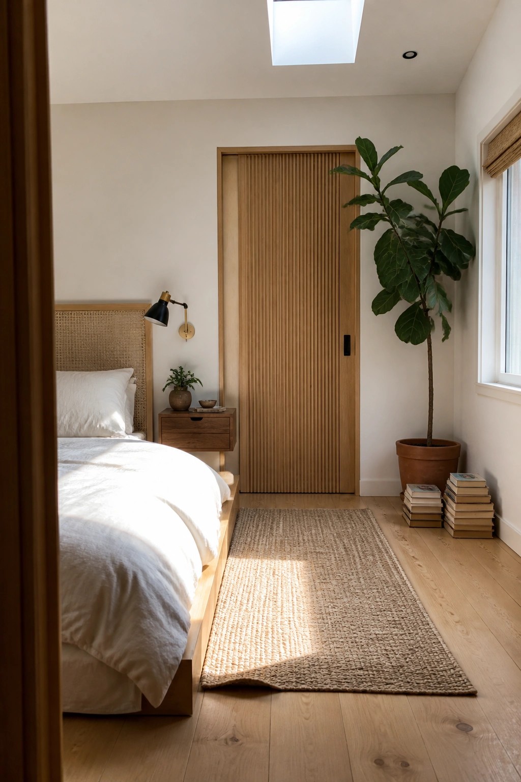 Minimalist bedroom with wooden bed, fluted door, potted plant, woven rug, and skylight.