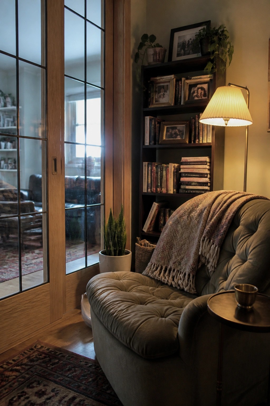 A tufted armchair with a throw blanket sits next to a wooden bookshelf in a room featuring multi-pane wooden sliding doors with glass panels.