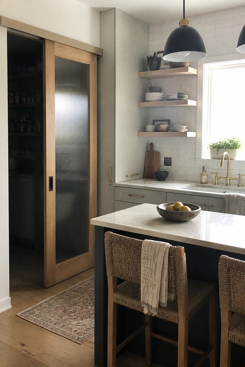 A modern kitchen with a light wood sliding door partially open to a pantry, a marble island with woven chairs, and floating shelves above gray cabinets.