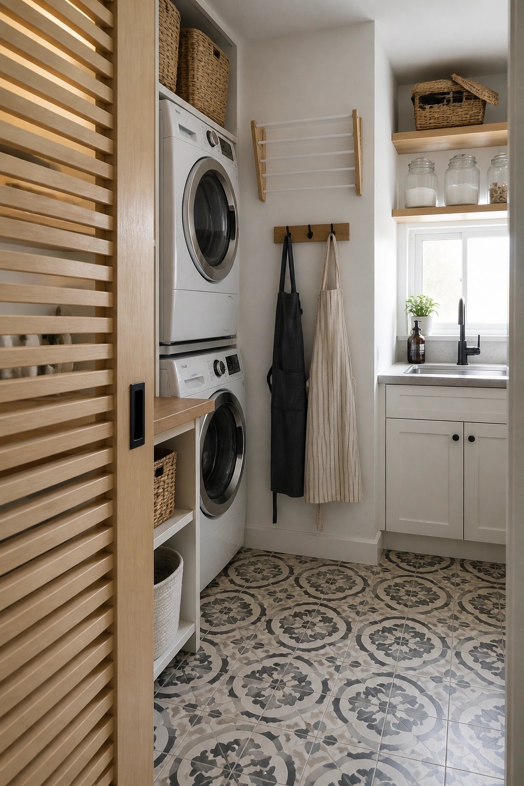 Modern laundry room with stacked white washer-dryer, hanging aprons, sink, and patterned tiles.