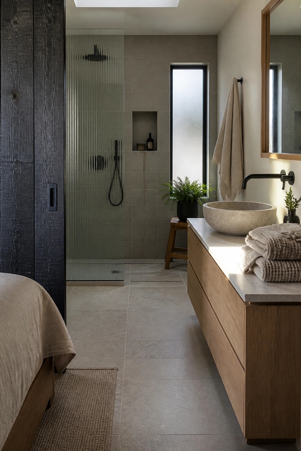 Interior view of a bathroom with a dark wooden sliding door on the left separating it from an adjacent bedroom, showing a glass shower, stone vanity, and neutral tiled floor.