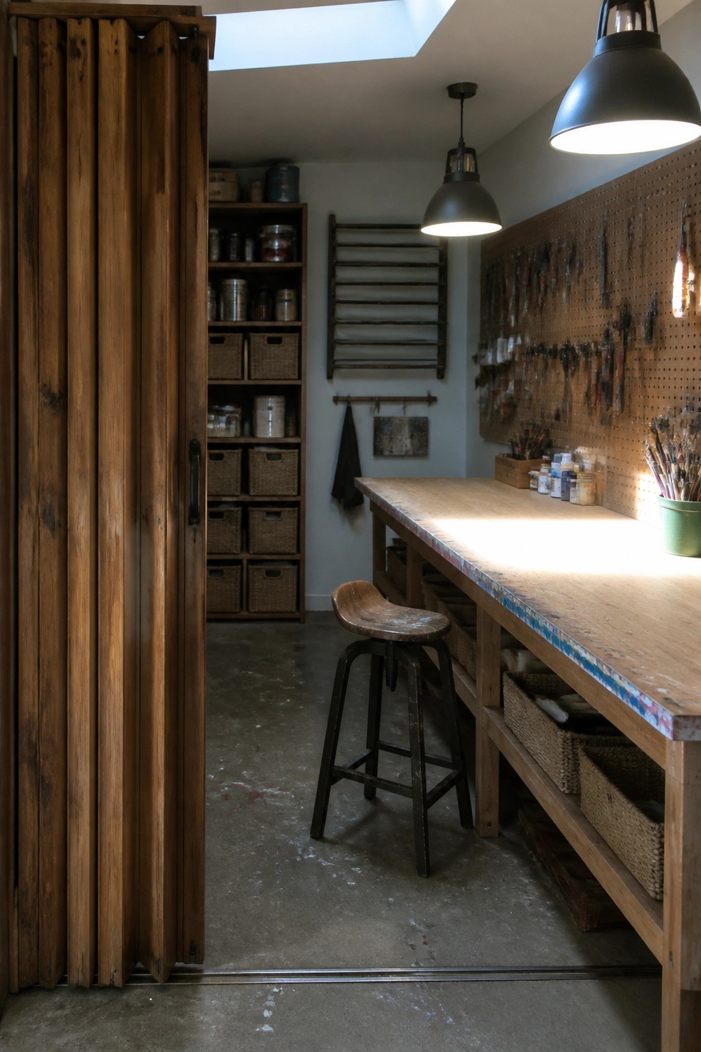 A rustic wooden sliding door partially open to show a workshop with a long wooden workbench, pegboard tool wall, and shelves filled with storage baskets.