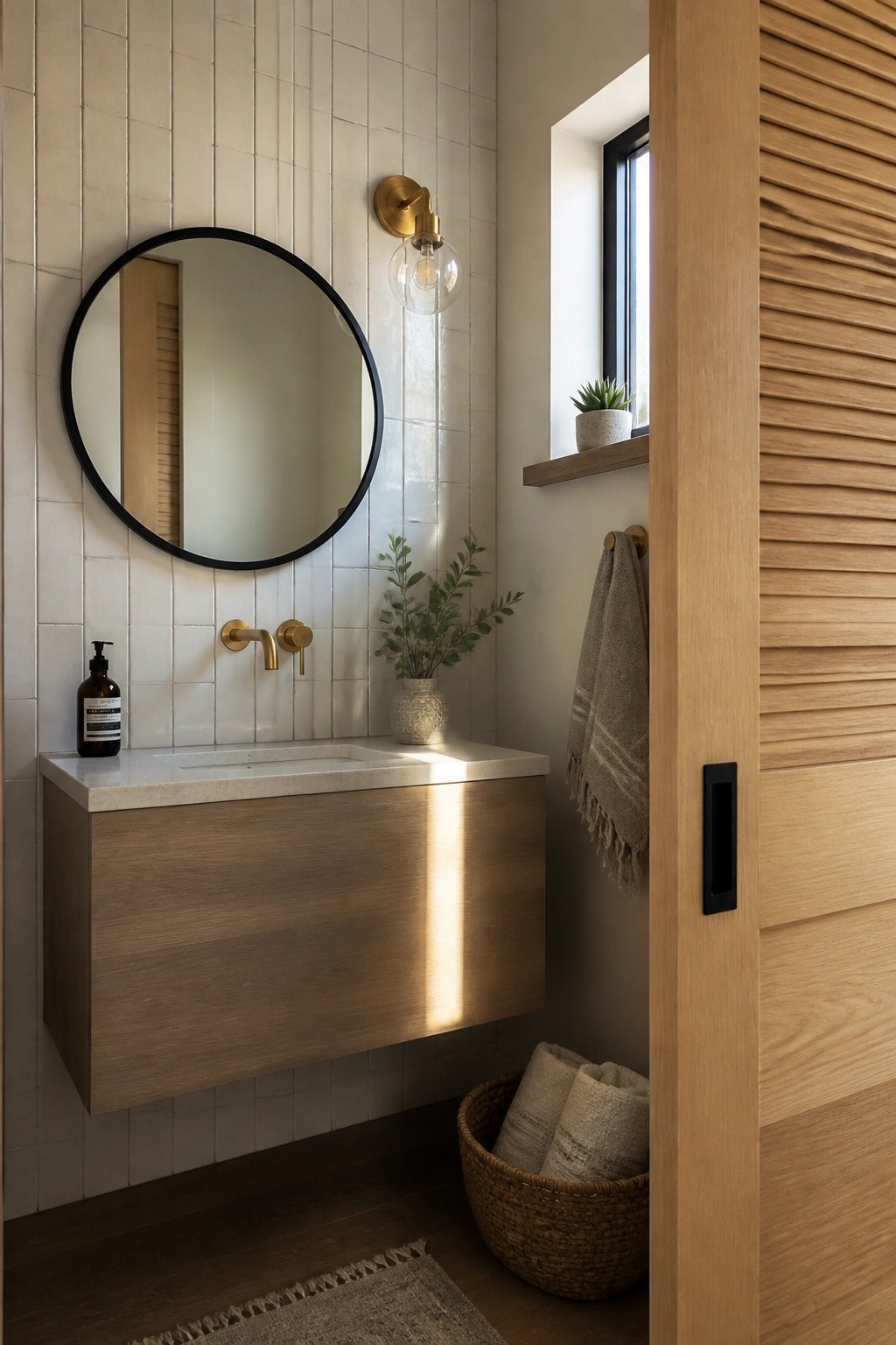 Modern bathroom with floating wood vanity, round mirror, brass sconce, and towel basket