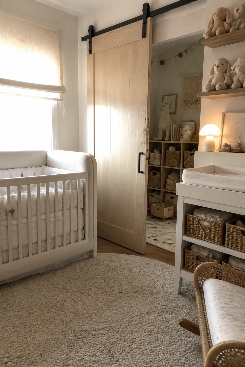 A light wood sliding door on a black track stands partially open in a white nursery with a crib on the left and a changing table on the right.