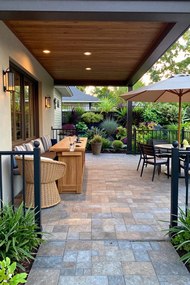 A covered patio with a long wooden table, built-in bench seating, wicker chair, and open dining area with umbrella on a brick paver surface.