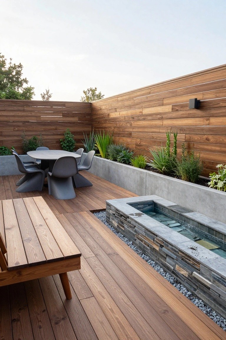Contemporary patio with wood deck, gray dining set, bench, and stone water feature