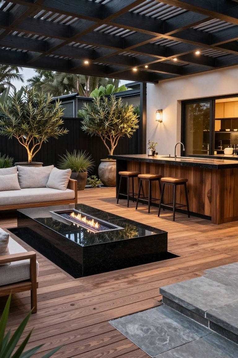 A wooden deck patio with a rectangular fire pit set into the surface, an outdoor bar with three stools, lounge seating, and potted trees in the background.