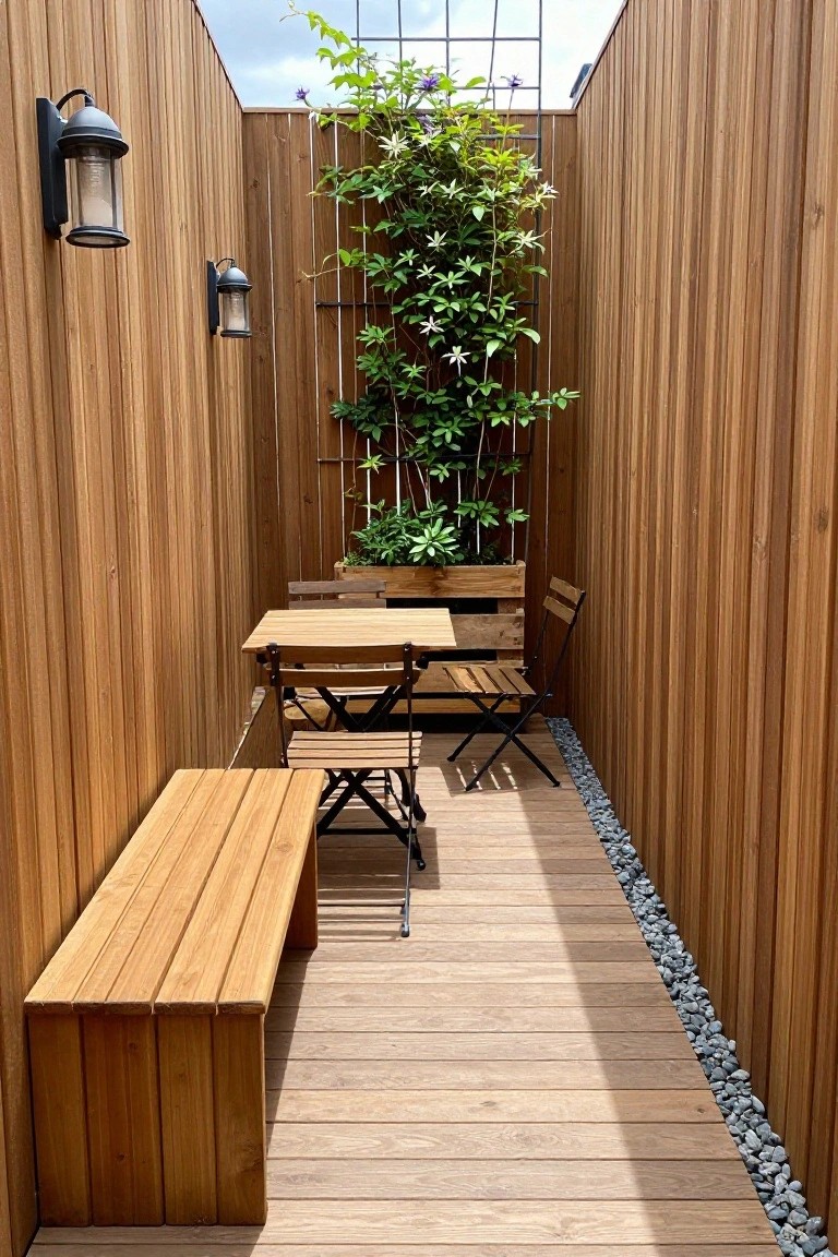 A narrow wooden deck between tall fences with a long built-in bench on the left, a small table with folding chairs in the middle, and a trellis with climbing plants at the far end.