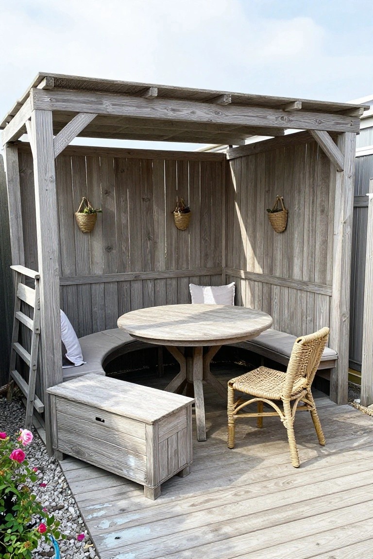 Wooden patio structure with built-in curved benches, a round table, and hanging baskets on a deck.