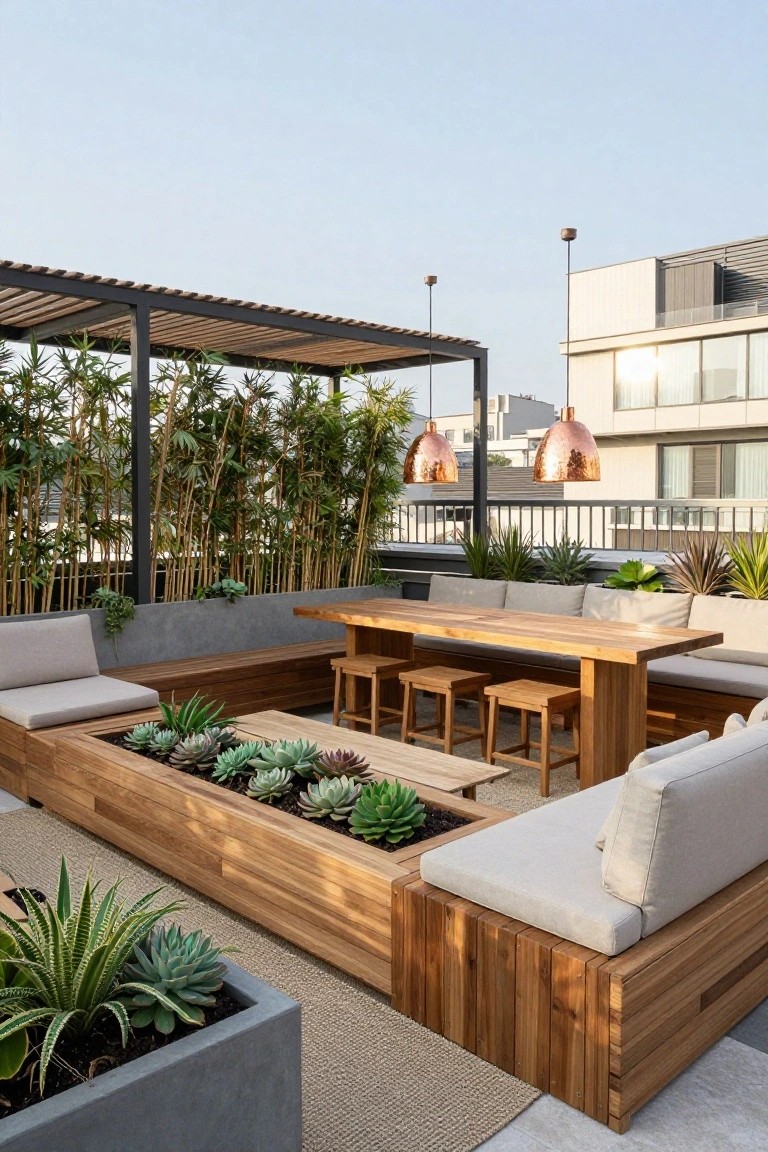 Rooftop patio featuring wooden built-in benches with integrated succulent planters surrounding a long dining table and wooden stools.