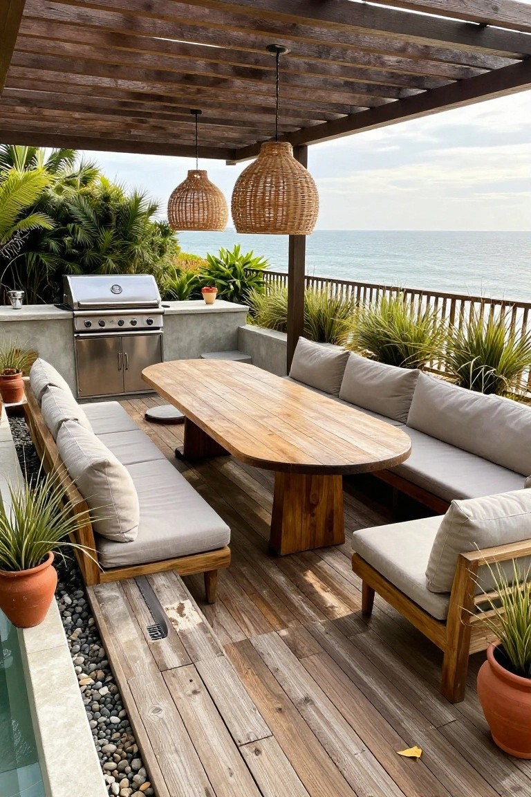 A wooden patio with a long central dining table, cushioned seating on both sides, an outdoor kitchen with grill, hanging woven lights, and an ocean view beyond the railing.