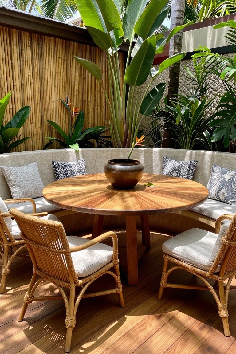 A round wooden table with a bronze pot in the center is surrounded by a curved upholstered bench and four wicker chairs on a wooden deck, with bamboo fencing and tropical plants in the background.