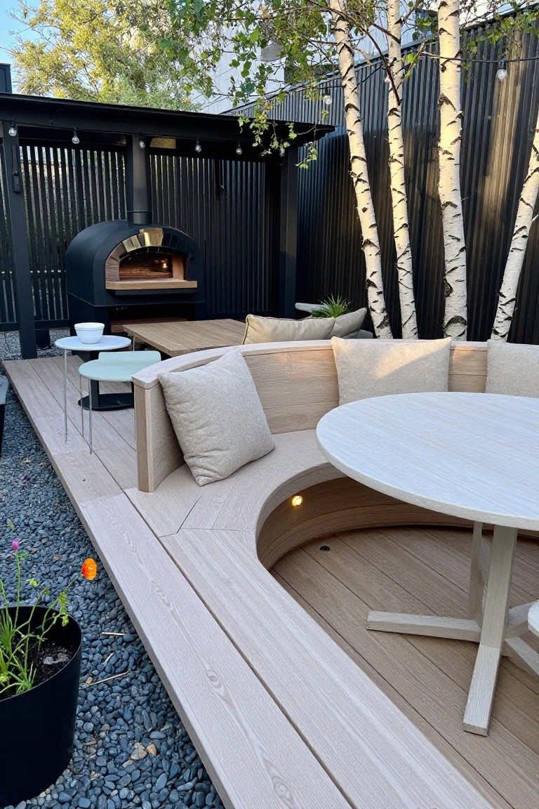 A wooden patio deck with curved built-in bench seating, a round table, and an outdoor oven visible in the background.