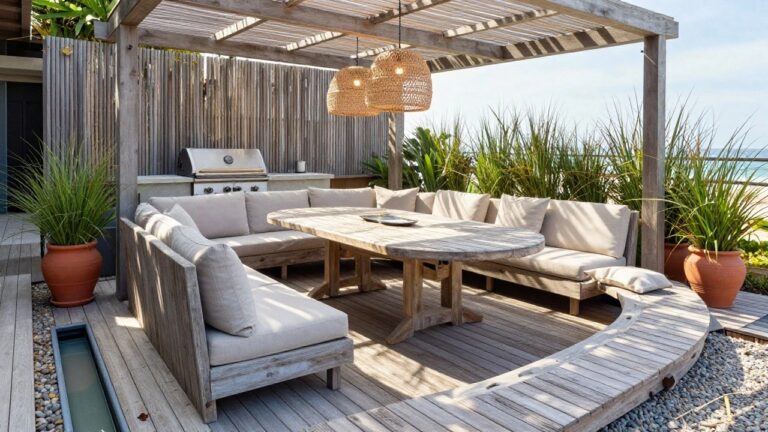 18 Elegant Wooden Patio Layout Ideas Designed for Better Flow and Seating A wooden patio with a long central dining table, cushioned seating on both sides, an outdoor kitchen with grill, hanging woven lights, and an ocean view beyond the railing.