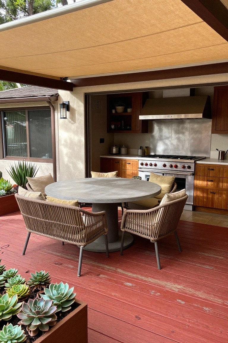 Round concrete table with woven chairs on red deck by outdoor kitchen under awning