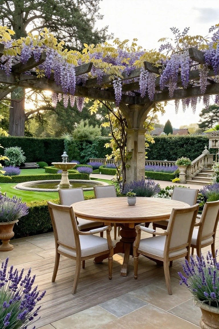 Wooden dining table and chairs under blooming purple wisteria pergola in formal garden