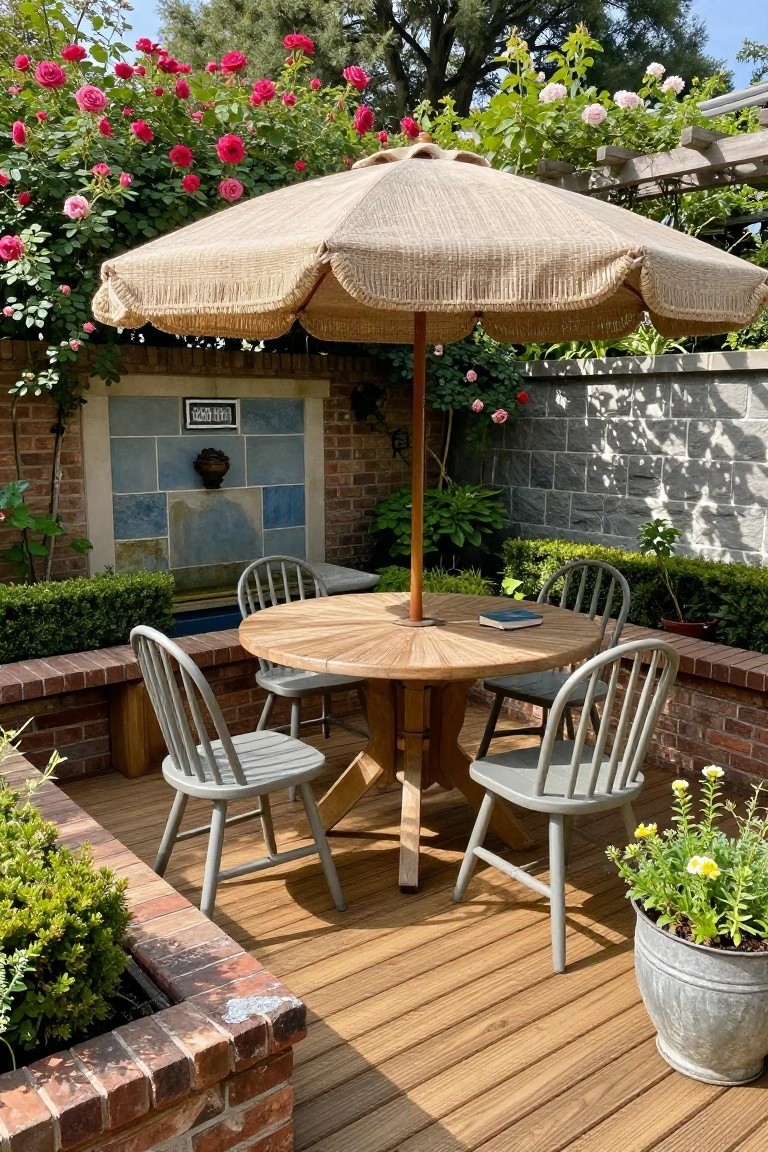 A round wooden table with four gray chairs sits centered on a wooden deck beneath a large beige umbrella, with rose bushes and brick walls in the background.