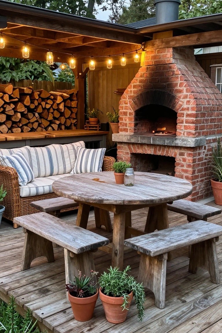 Rustic wooden table and benches on deck beside brick pizza oven with lights