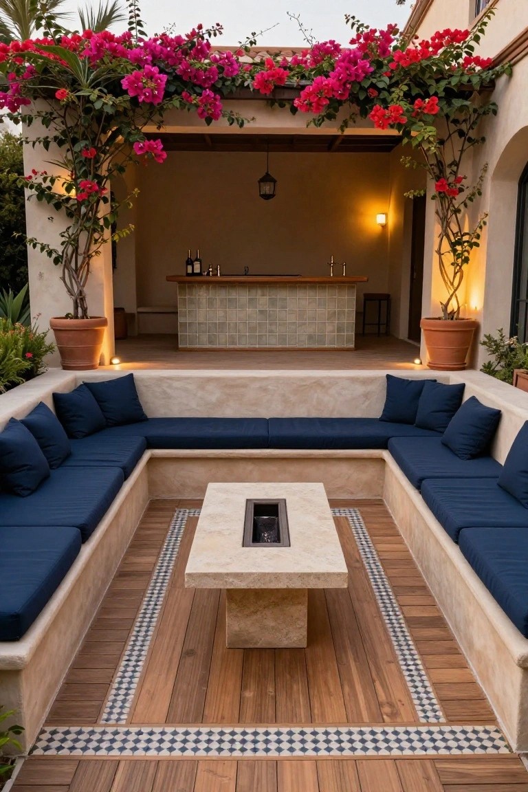 An outdoor wooden patio with U-shaped built-in seating covered in blue cushions, a central stone fire table, patterned tile borders, and a bar area in the background with pink flowering vines overhead.