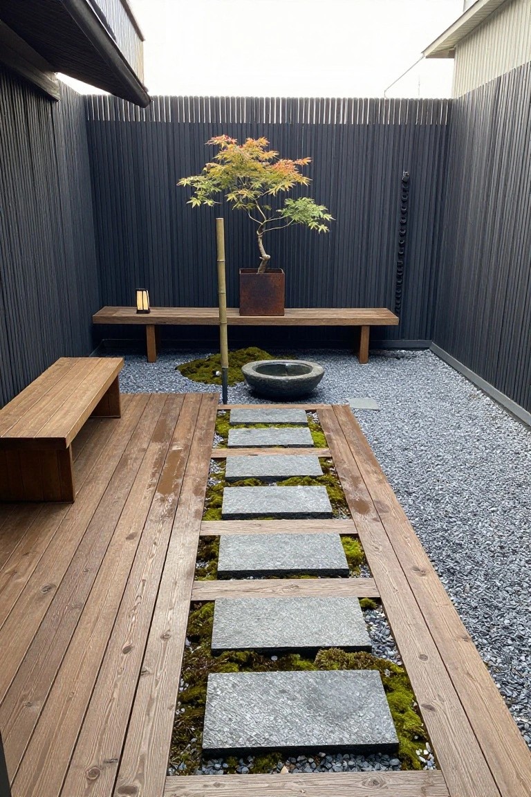 A narrow outdoor courtyard with wooden decking and benches along both sides, a central path of gray stone pavers set in moss, gravel ground cover, and a potted tree next to a stone basin.