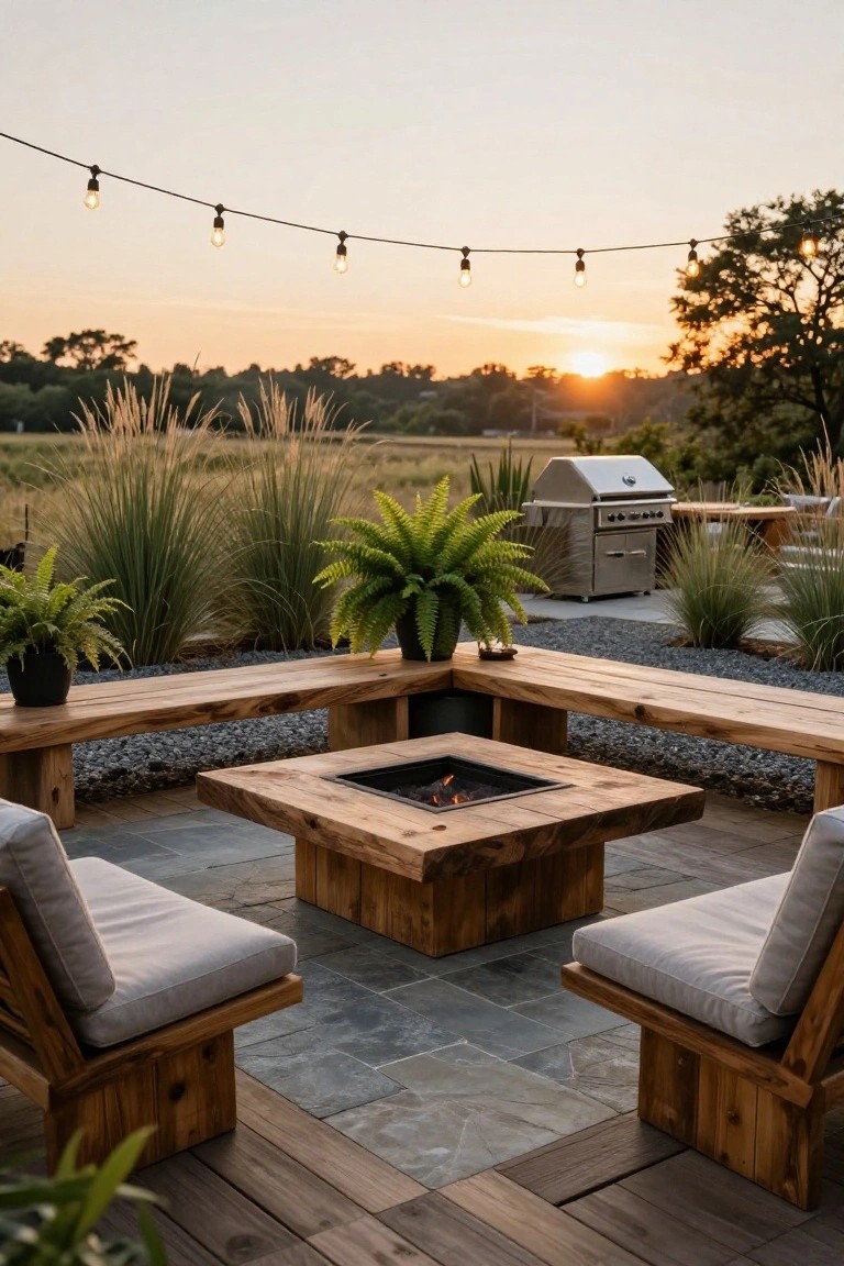 Wooden benches form a U shape around a square fire pit on a stone patio with string lights above.