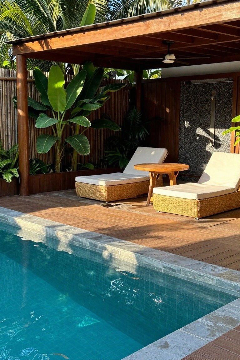 A swimming pool beside a wooden deck holding two wicker lounge chairs and a small round table under a wooden pergola with tropical plants in the background.