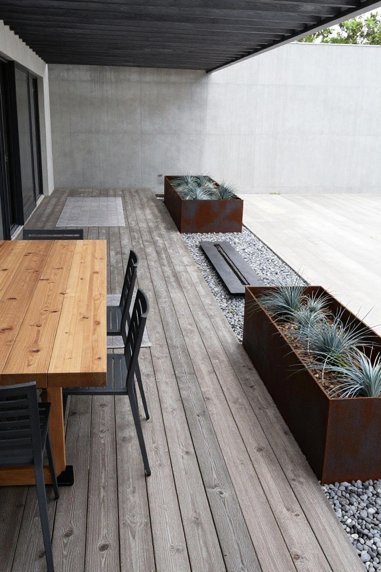 Wooden deck with dining table and chairs on the left and a long gravel strip with rectangular metal planters on the right.