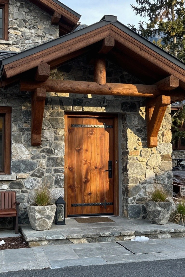 A wooden front door centered beneath heavy timber beams in a stone wall, with stone planters on the steps.