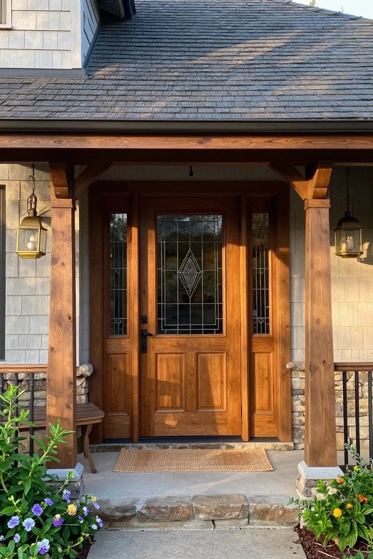 A wooden front door with leaded glass panels and matching sidelights set under a covered porch with exposed wood beams and stone bases.