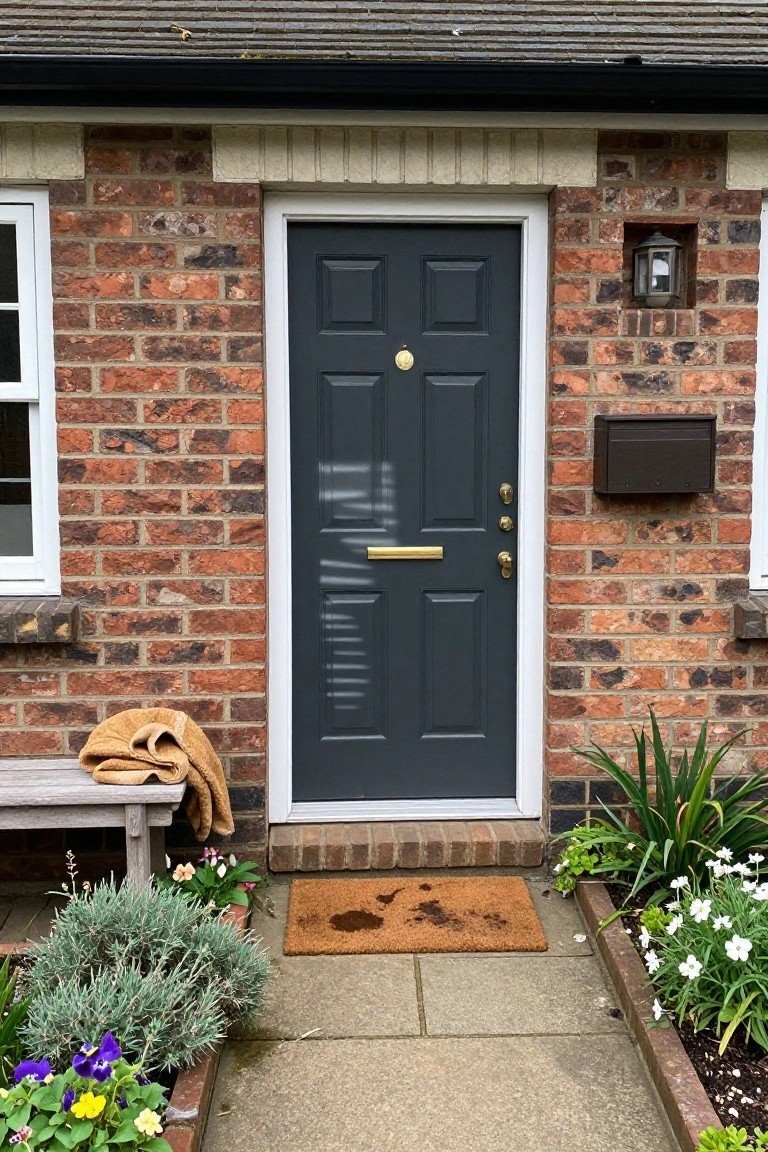 A dark gray six-panel wooden front door with white trim and brass hardware set into a red brick exterior wall, with a doormat on the step.
